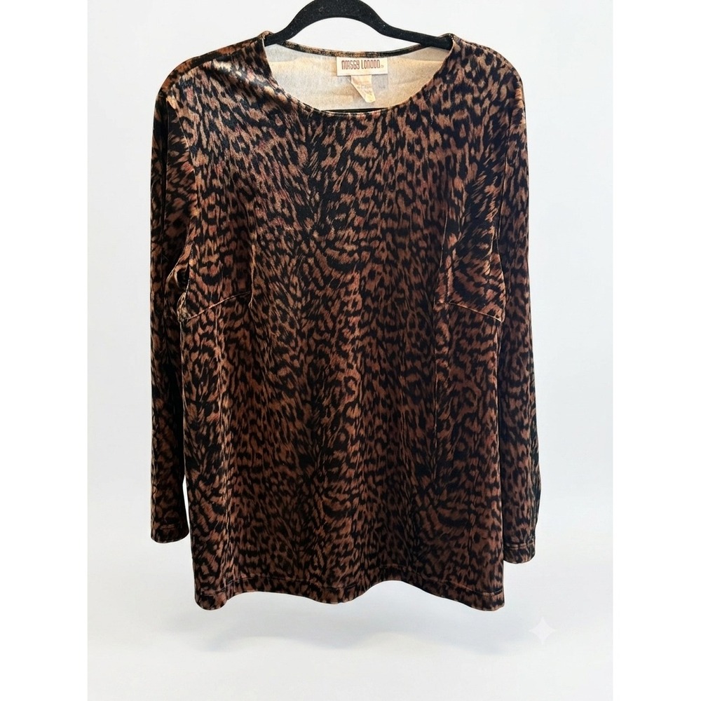 Maggy London Vintage Animal Print‎ Velvet Top Brown Black Long Sleeve Size 18